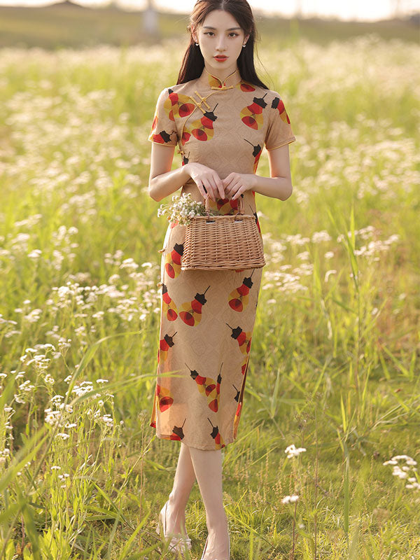 2021 Light Print Linen Cheongsam Qi Pao Dress
