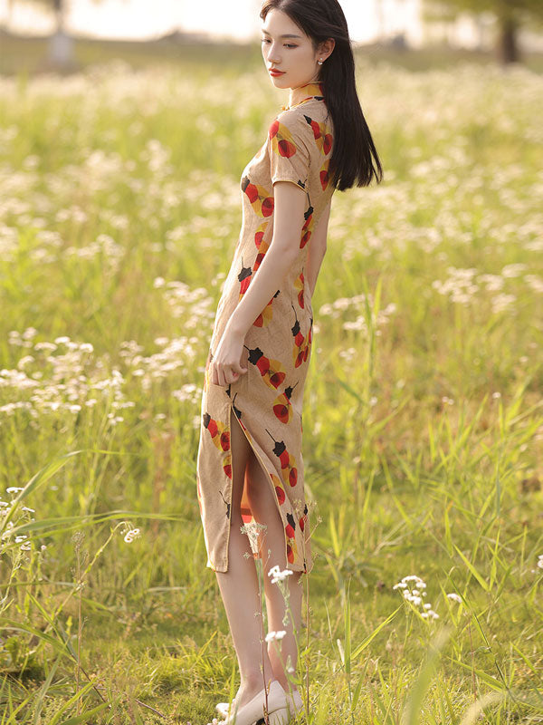 2021 Light Print Linen Cheongsam Qi Pao Dress