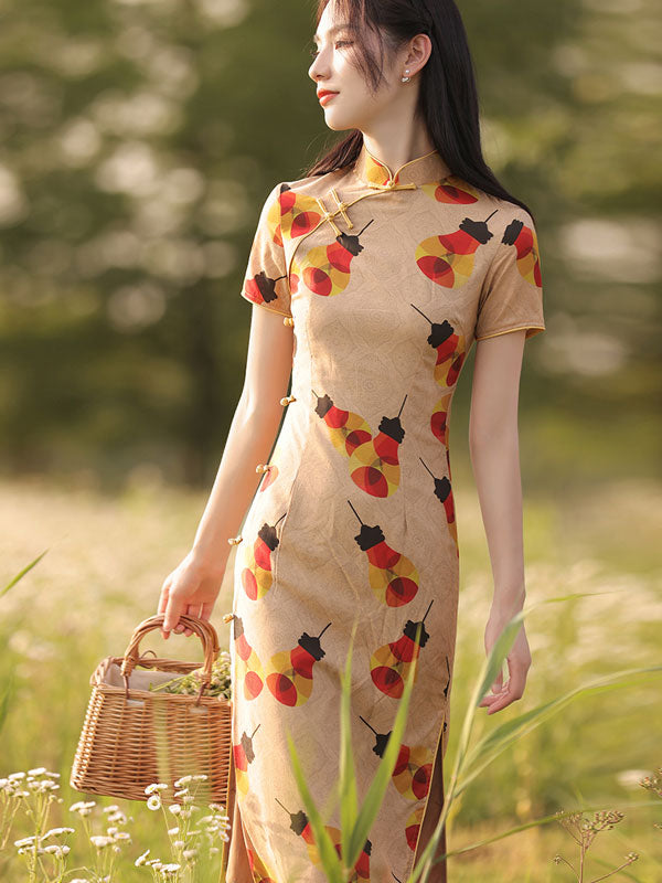 2021 Light Print Linen Cheongsam Qi Pao Dress