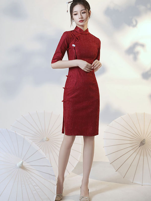 Burgundy Lace Midi Cheongsam Qi Pao Dress