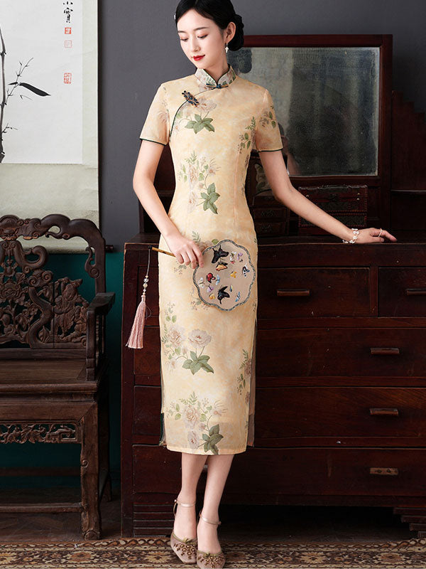 2021 Yellow Floral Cheongsam Qi Pao Dress