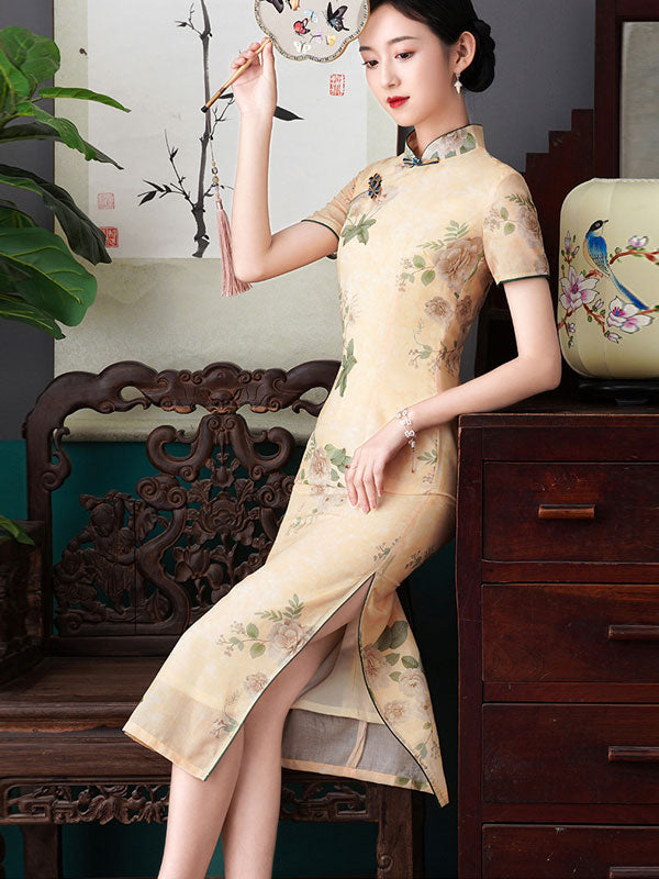 2021 Yellow Floral Cheongsam Qi Pao Dress