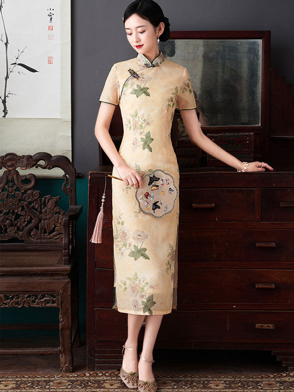 2021 Yellow Floral Cheongsam Qi Pao Dress