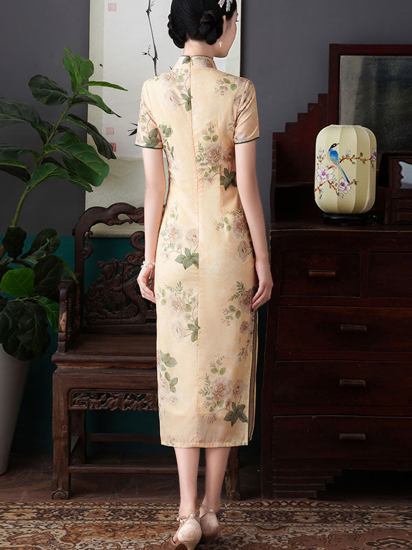 2021 Yellow Floral Cheongsam Qi Pao Dress