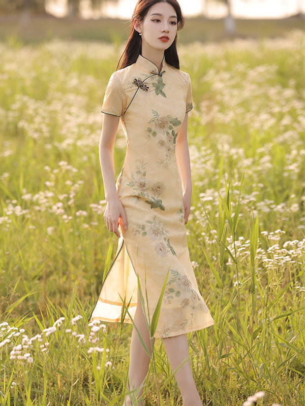 2021 Yellow Floral Cheongsam Qi Pao Dress