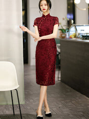 Red Black Mother's Velvet Cheongsam Qi Pao Dress