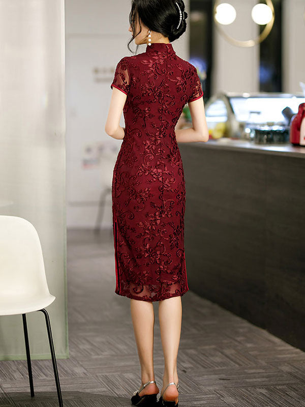 Red Black Mother's Velvet Cheongsam Qi Pao Dress