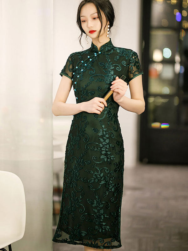Red Black Mother's Velvet Cheongsam Qi Pao Dress