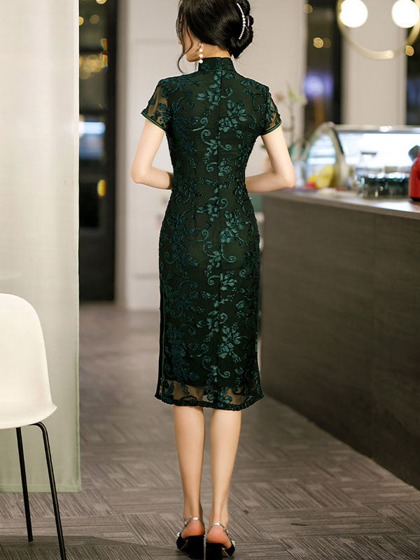 Red Black Mother's Velvet Cheongsam Qi Pao Dress