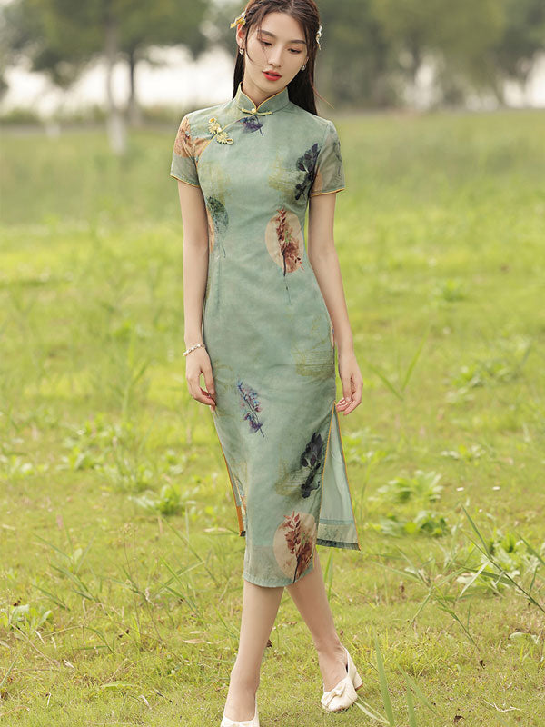 2021 Green Printed Modern Cheongsam Qi Pao Dress