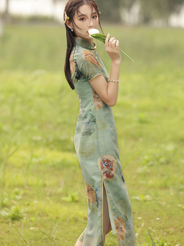2021 Green Printed Modern Cheongsam Qi Pao Dress