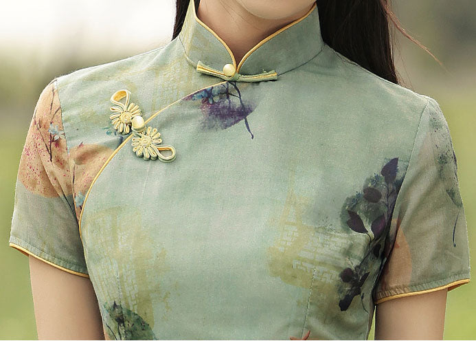 2021 Green Printed Modern Cheongsam Qi Pao Dress