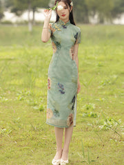 2021 Green Printed Modern Cheongsam Qi Pao Dress2021 Green Printed Modern Cheongsam Qi Pao Dress
