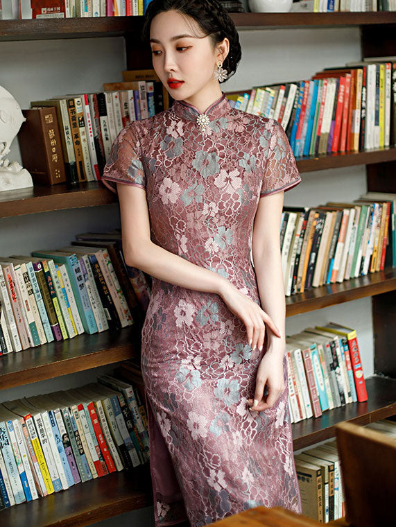 2021 Purple Floral Lace Cheongsam Qi Pao Dress