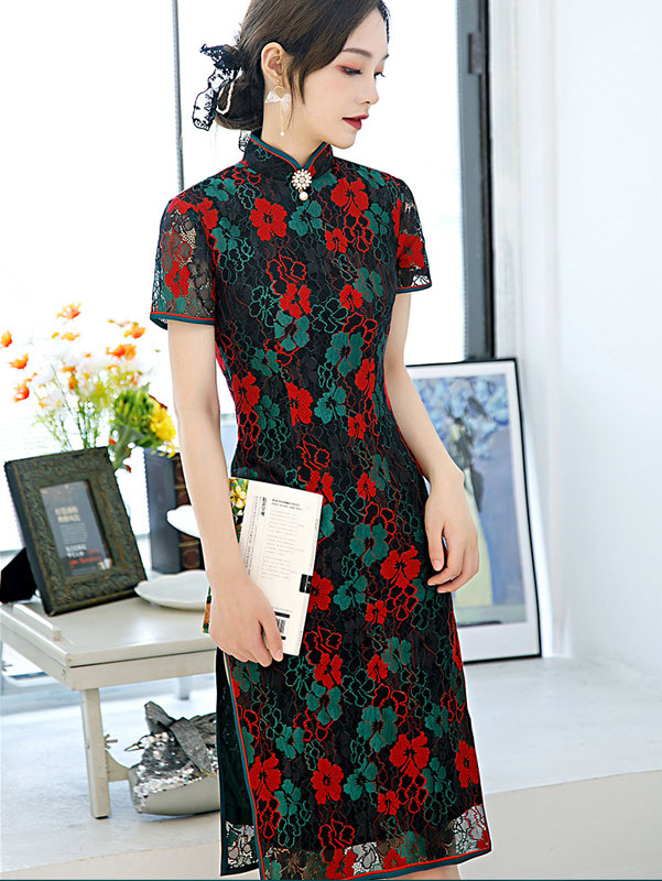 2021 Black Floral Lace Cheongsam Qi Pao Dress