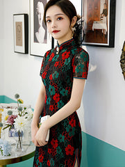 2021 Black Floral Lace Cheongsam Qi Pao Dress