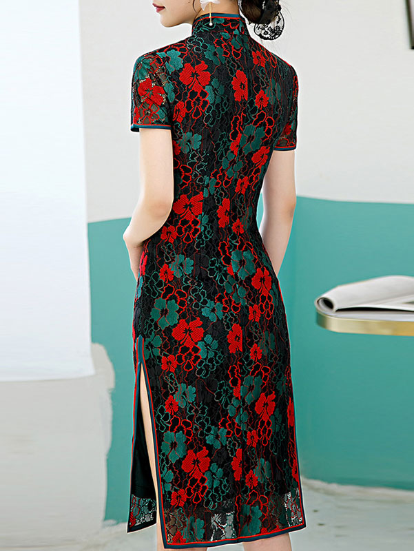 2021 Black Floral Lace Cheongsam Qi Pao Dress
