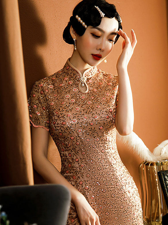 Bridal Mother's Sequined Lace Cheongsam Qi Pao Dress