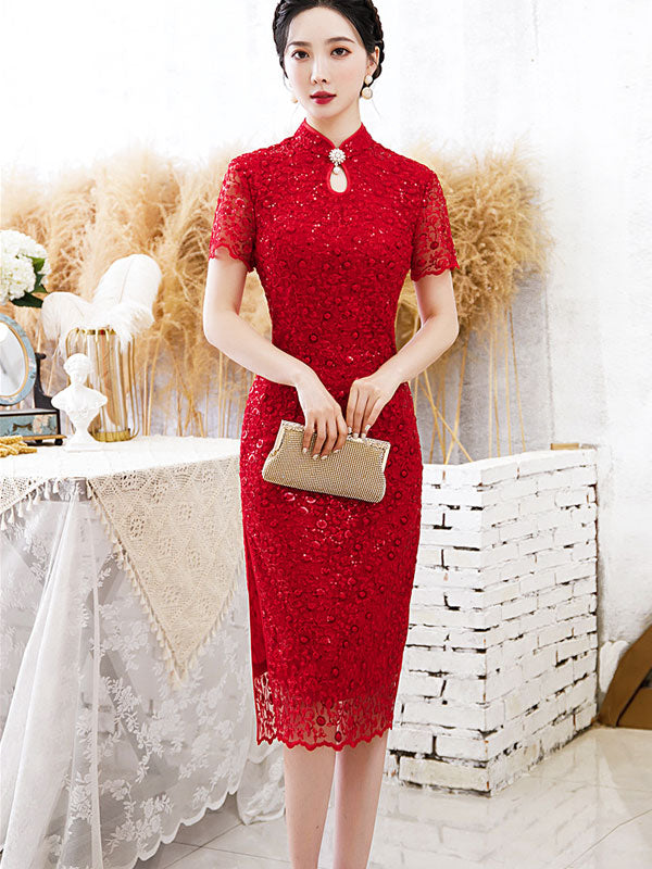 Bridal Mother's Sequined Lace Cheongsam Qi Pao Dress