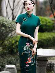 Mother's Green Red Embroidered Maxi Cheongsam Qi Pao Dress
