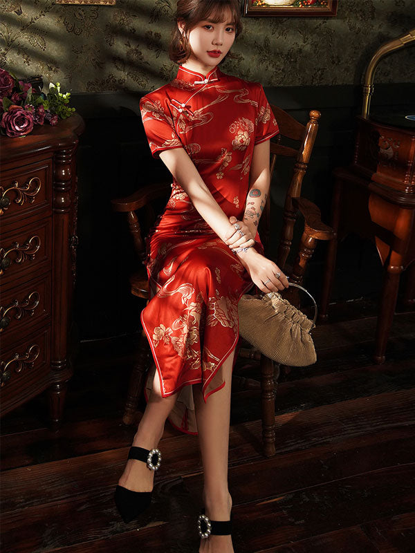 Bronzing Floral Ankle-Length Wedding Cheongsam Qi Pao DressBronzing Floral Ankle-Length Wedding Cheongsam Qi Pao Dress