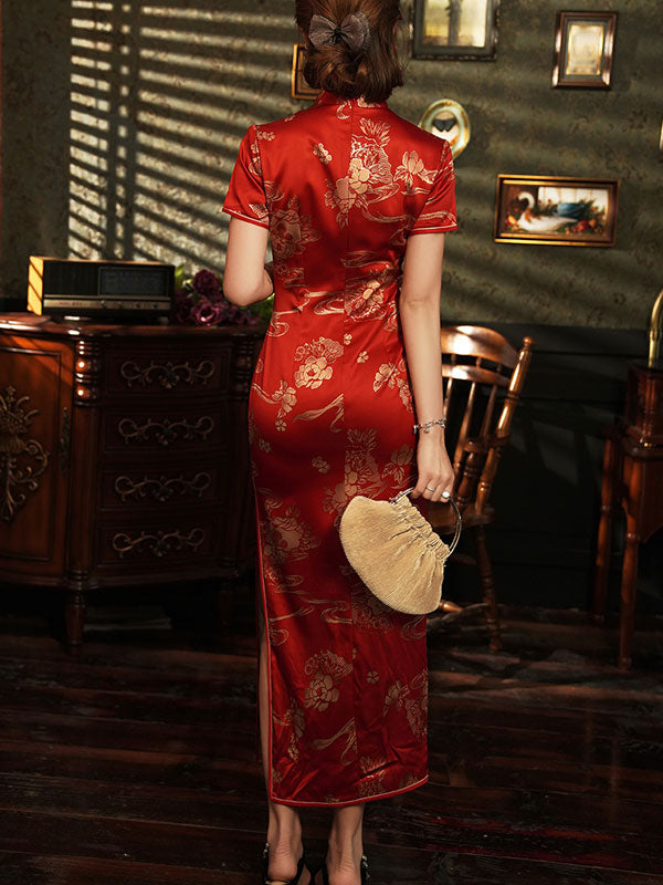 Bronzing Floral Ankle-Length Wedding Cheongsam Qi Pao Dress