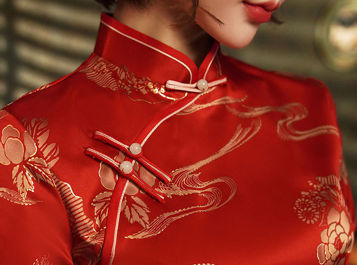 Bronzing Floral Ankle-Length Wedding Cheongsam Qi Pao Dress