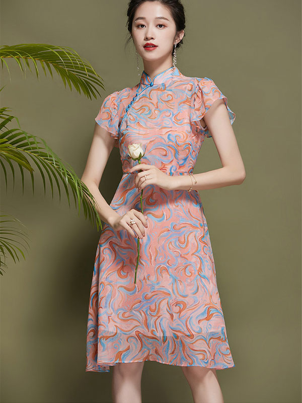 Pink Chiffon Cheongsam Qi Pao Dress With Frill Sleeve