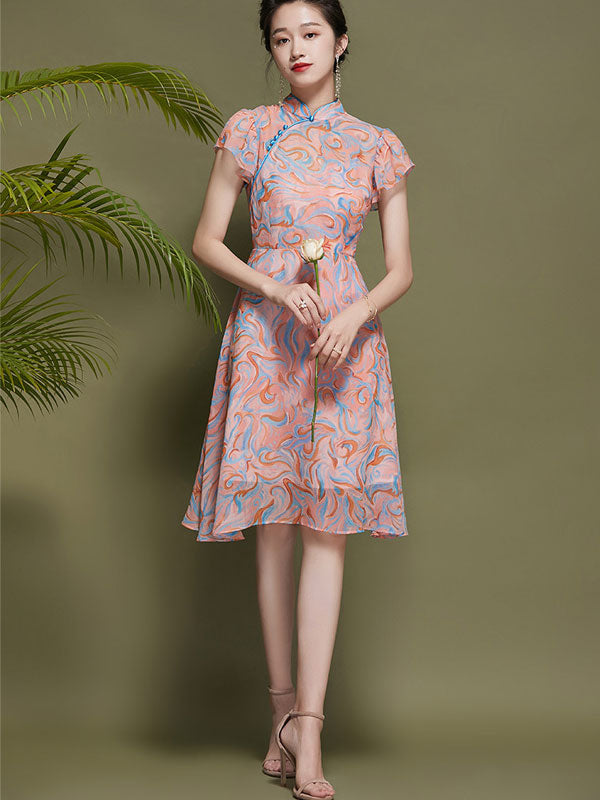 Pink Chiffon Cheongsam Qi Pao Dress With Frill Sleeve