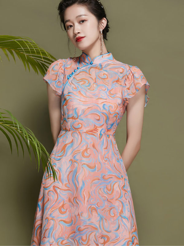 Pink Chiffon Cheongsam Qi Pao Dress With Frill Sleeve
