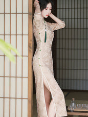2021 Autumn Blue Floral Velvet Maxi Cheongsam Qi Pao Dress