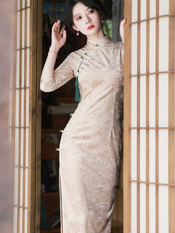 2021 Autumn Blue Floral Velvet Maxi Cheongsam Qi Pao Dress