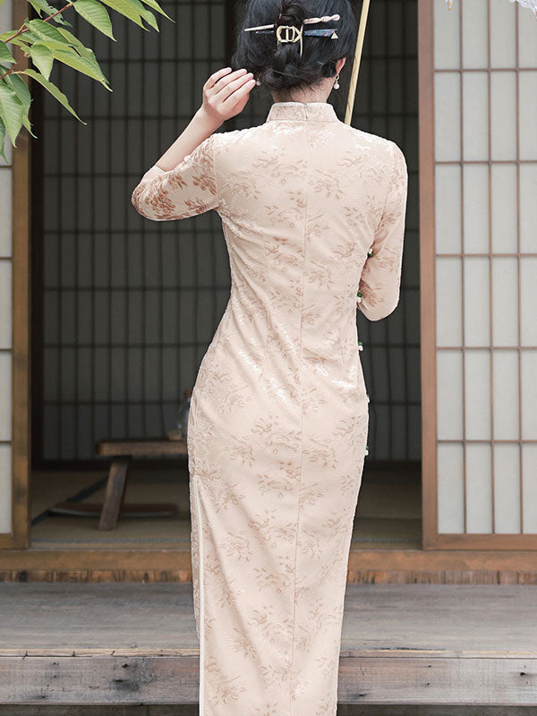 2021 Autumn Blue Floral Velvet Maxi Cheongsam Qi Pao Dress