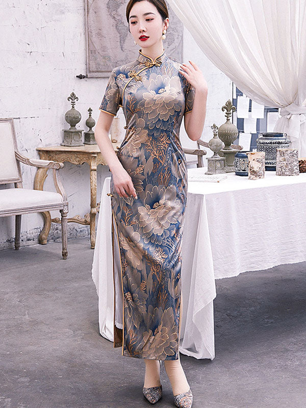 Blue Bronzing Floral Maxi Cheongsam Qi Pao Dress