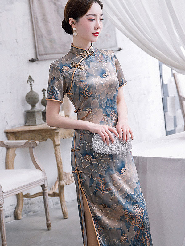 Blue Bronzing Floral Maxi Cheongsam Qi Pao Dress