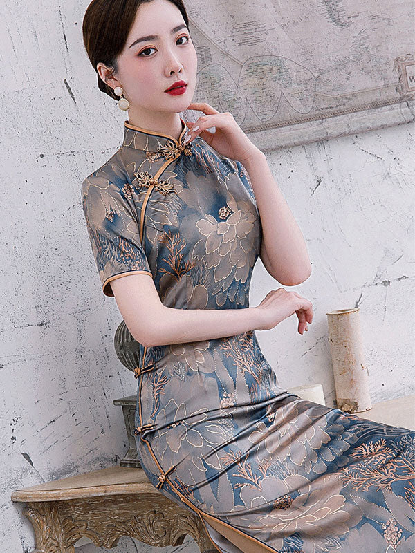 Blue Bronzing Floral Maxi Cheongsam Qi Pao Dress