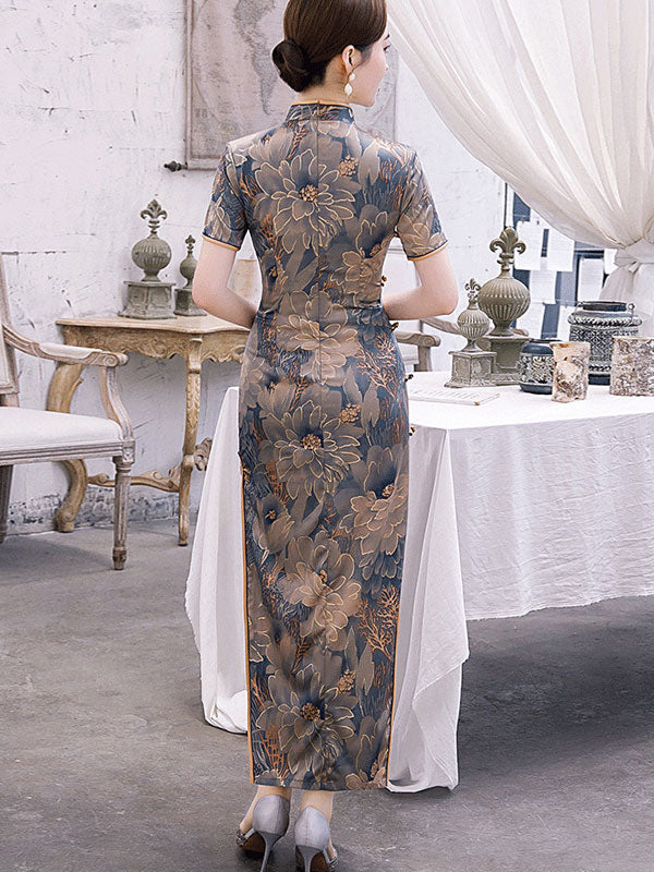 Blue Bronzing Floral Maxi Cheongsam Qi Pao Dress
