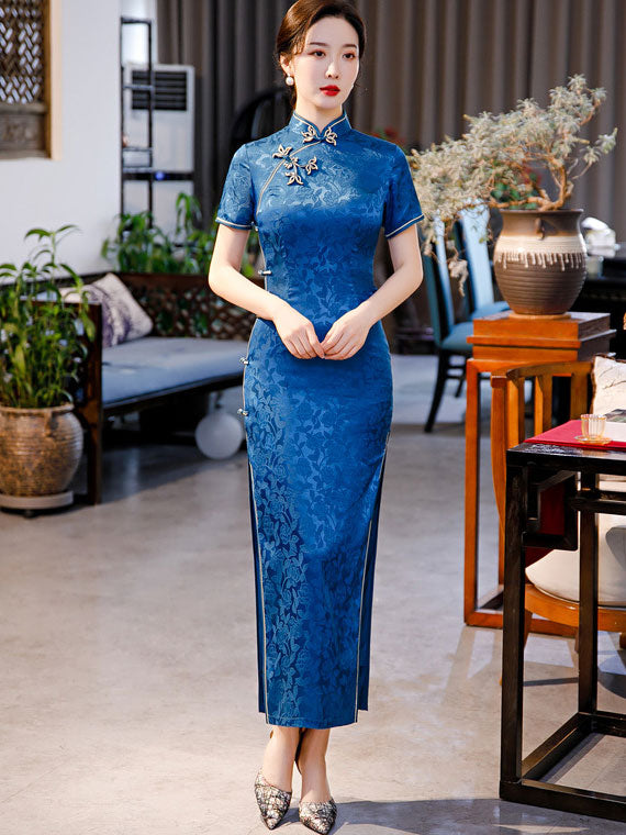 2021 Blue Black Jacquard Maxi Cheongsam Qi Pao Dress