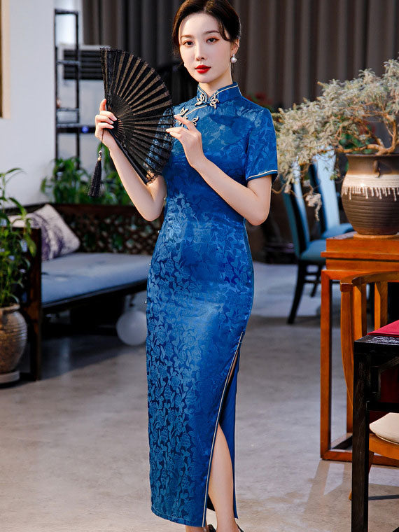 2021 Blue Black Jacquard Maxi Cheongsam Qi Pao Dress