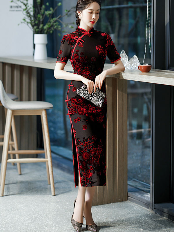 Mothers Red Blue Floral Velvet Cheongsam Qi Pao Dress
