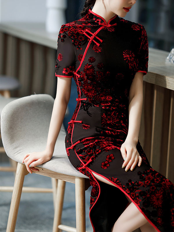 Mothers Red Blue Floral Velvet Cheongsam Qi Pao Dress