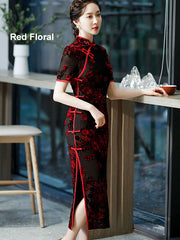 Mothers Red Blue Floral Velvet Cheongsam Qi Pao Dress