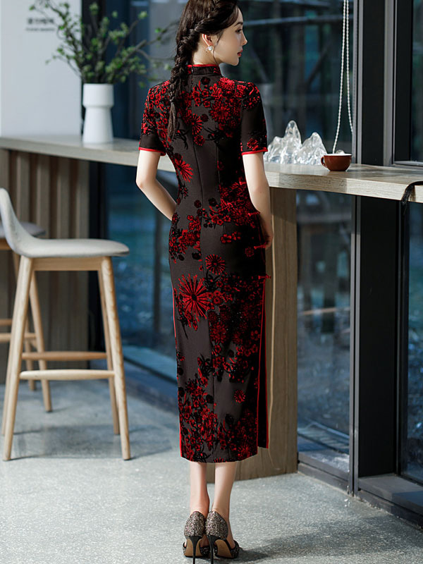 Mothers Red Blue Floral Velvet Cheongsam Qi Pao Dress
