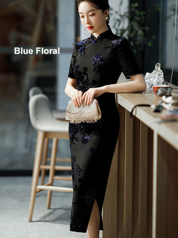 Mothers Red Blue Floral Velvet Cheongsam Qi Pao Dress