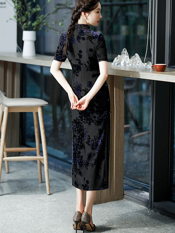 Mothers Red Blue Floral Velvet Cheongsam Qi Pao Dress