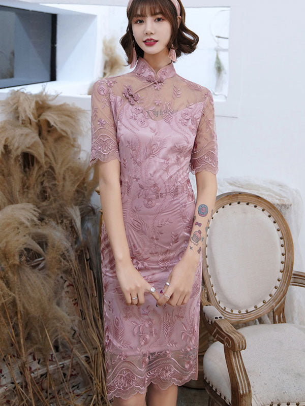 Pink Burgundy  Illusion Lace Modern  Cheongsam Qi Pao Dress