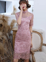 Pink Burgundy  Illusion Lace Modern  Cheongsam Qi Pao Dress