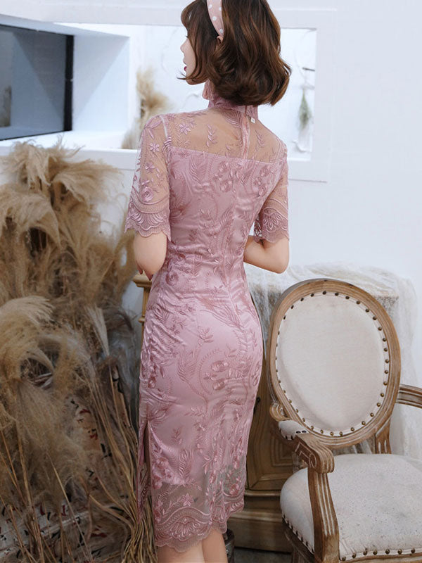 Pink Burgundy  Illusion Lace Modern  Cheongsam Qi Pao Dress