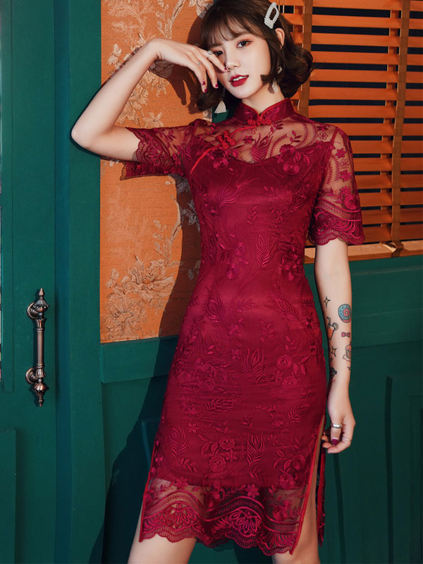 Pink Burgundy  Illusion Lace Modern  Cheongsam Qi Pao Dress