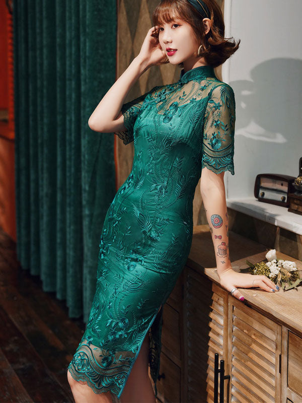 Green Illusion Lace Modern Midi Cheongsam Qi Pao Dress